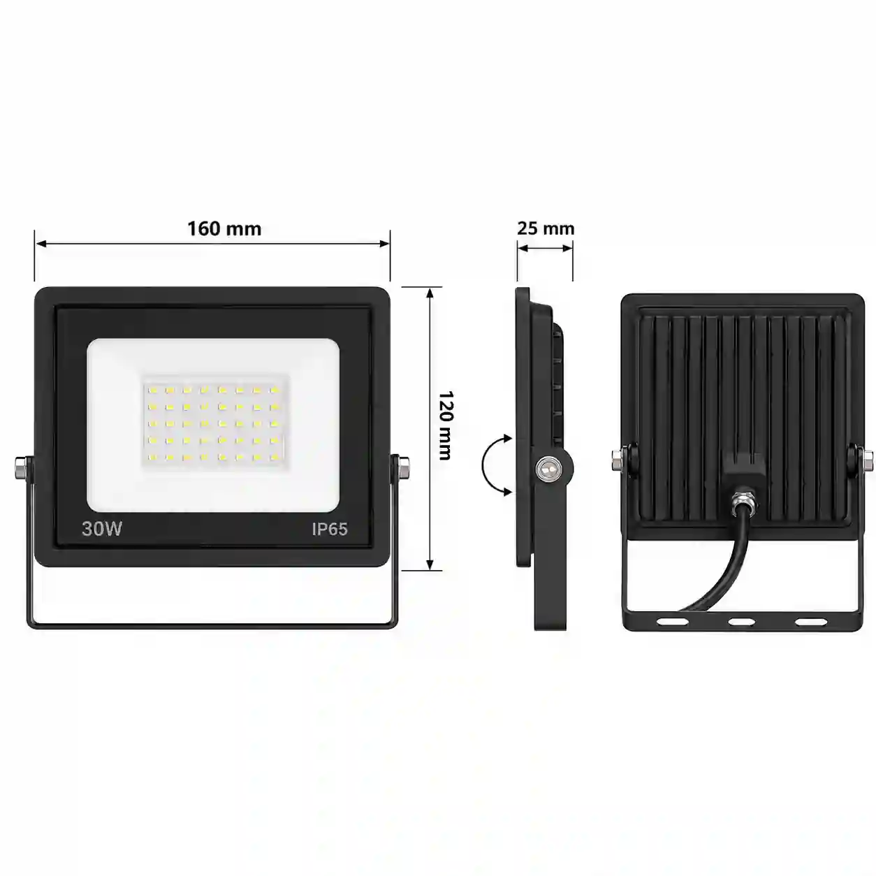 Rozměrový nákres LED reflektoru LEVE 30W s hodnotami 160 x 120 x 25 mm a montážním třmenem
